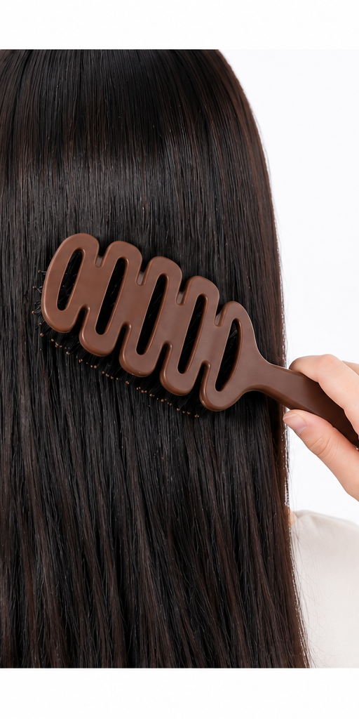 Brosse démêlante Khali Glide utilisée sur cheveux, photo studio